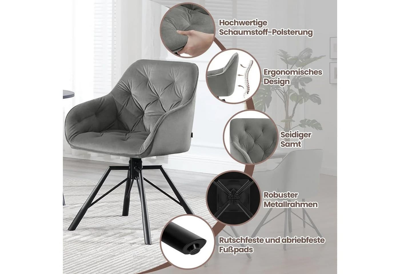 Woltu 4-Fußstuhl Set Grau Drehbar Samt Esszimmerstuhl - Bild 5