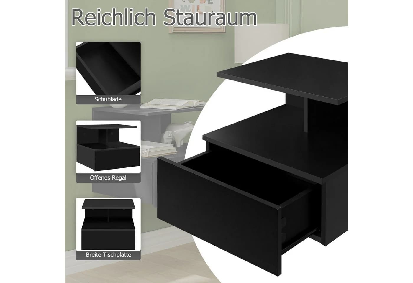 Woltu Nachttisch Set 2-tlg. Schwarz Wandregal mit Schublade - Bild 5