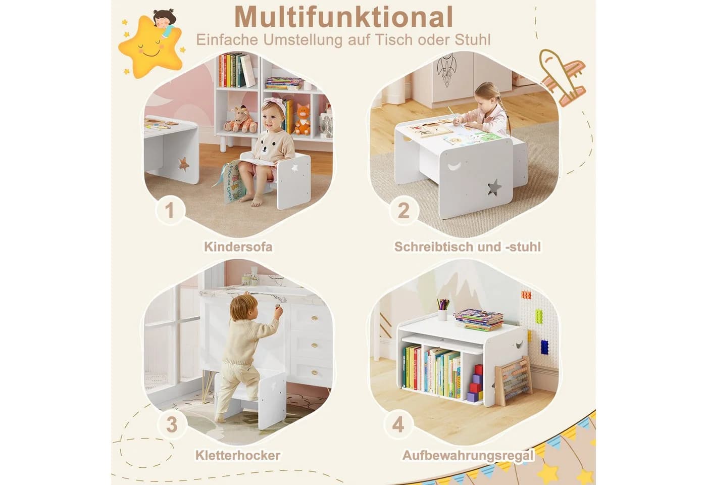 Woltu Kindersitzgruppe Multifunktions Möbelset Kinder Tisch Stuhl Set Weiß - Bild 5