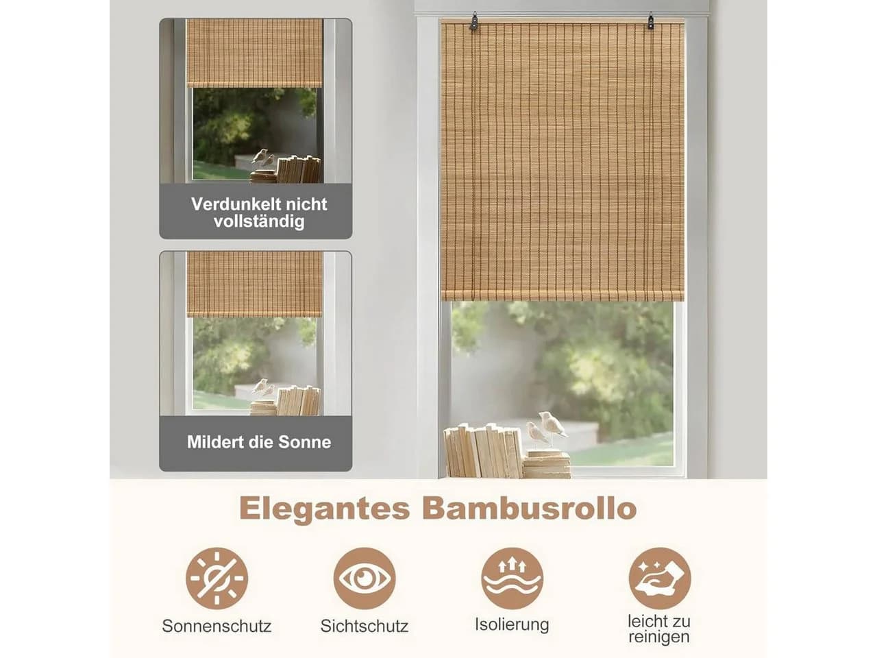 Woltu Bambusrollo blickdicht mit Massivholzschiene Seitenzug - Bild 3