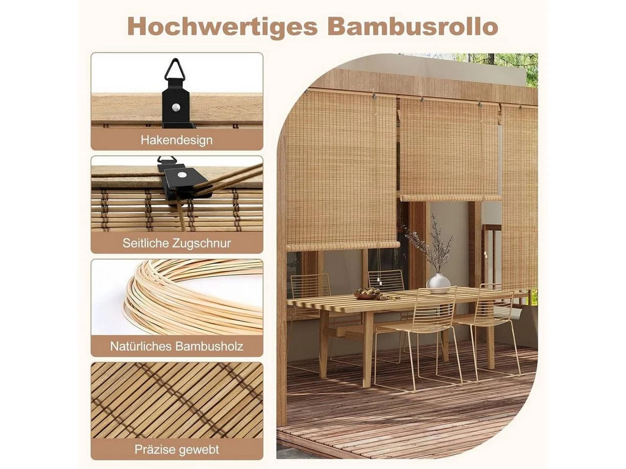 Woltu Bambusrollo blickdicht mit Massivholzschiene Seitenzug - Bild 4