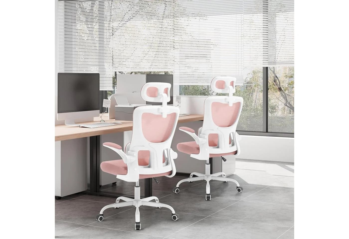 Woltu Bürostuhl Rosa Ergonomisch mit Schaukelfunktion und Netzstoff