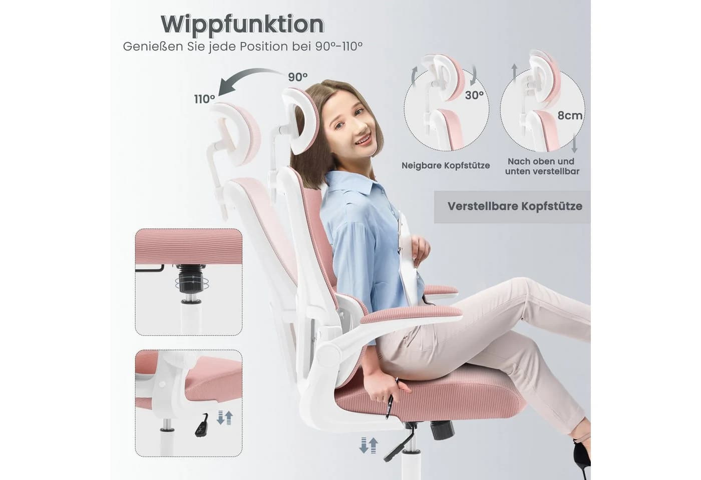 Woltu Bürostuhl Rosa Ergonomisch mit Schaukelfunktion und Netzstoff - Bild 5