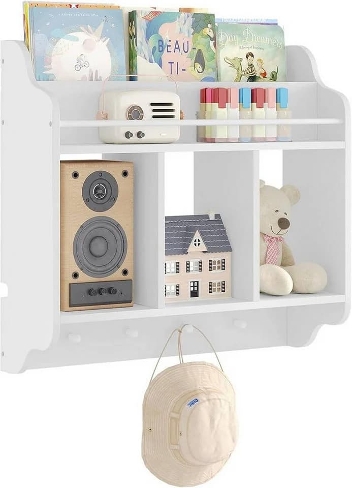 Woltu Kinderregal 1-tlg. Bücherregal mit 1 Oberfach 3 offenen Fächern 4 Haken Weiß - Bild 2