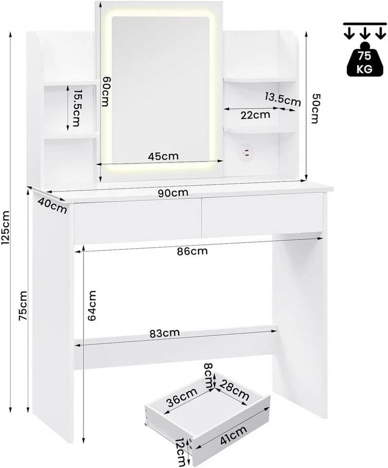 Woltu Schminktisch Weiß mit LED-Spiegel und USB-Ports - Bild 3