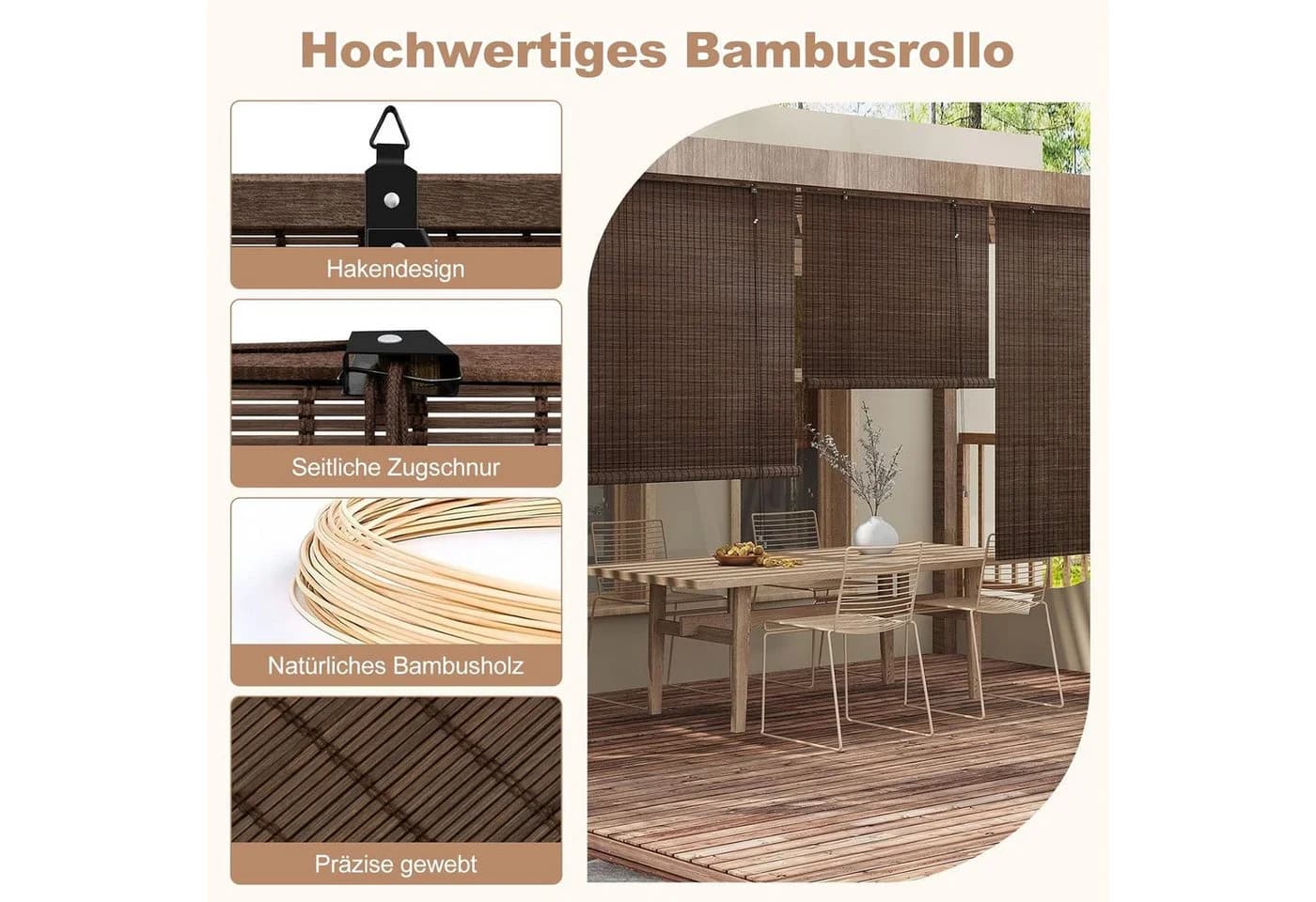 Woltu Bambusrollo blickdicht Seitenzug mit Massivholzschiene - Bild 5