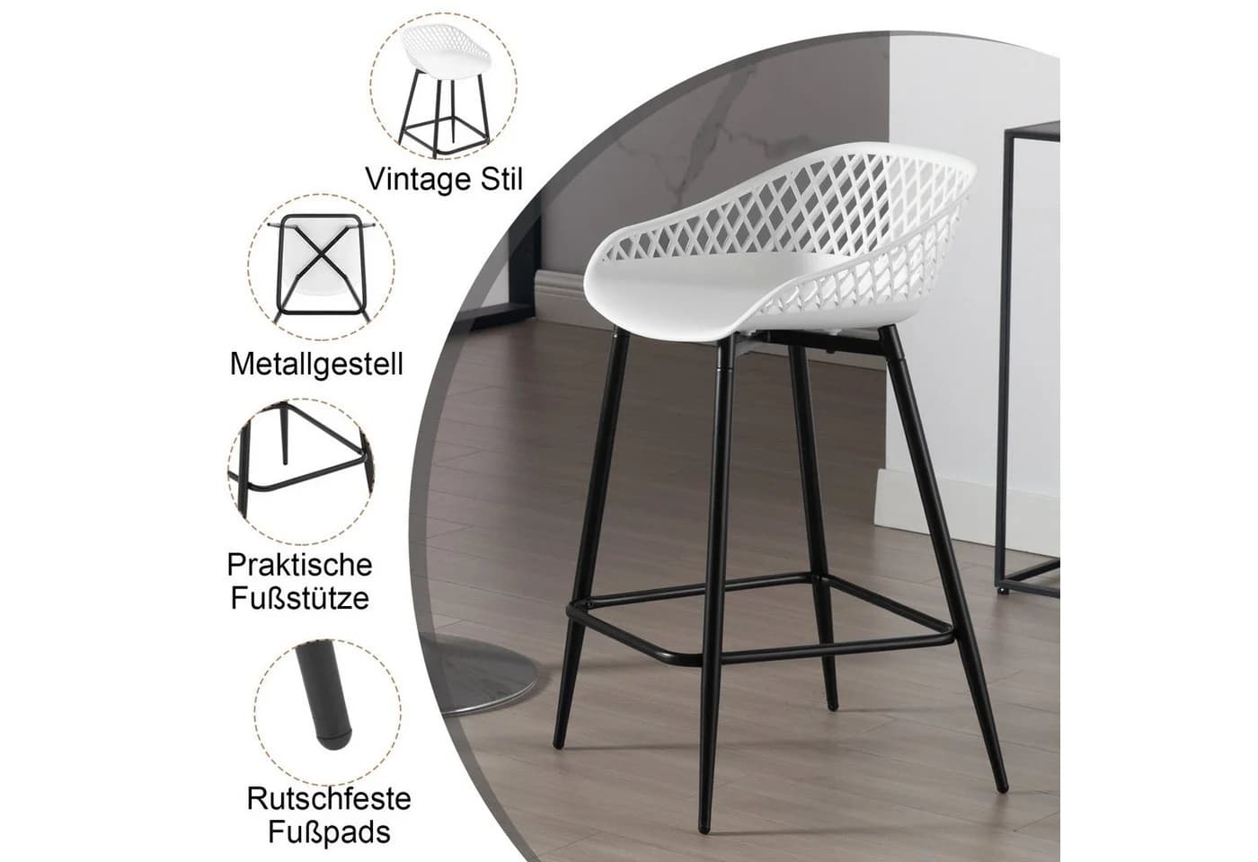 Woltu Barhocker 2er Set PP-Kunststoff Metallbeine Weiß/Grau/Schwarz - Bild 4