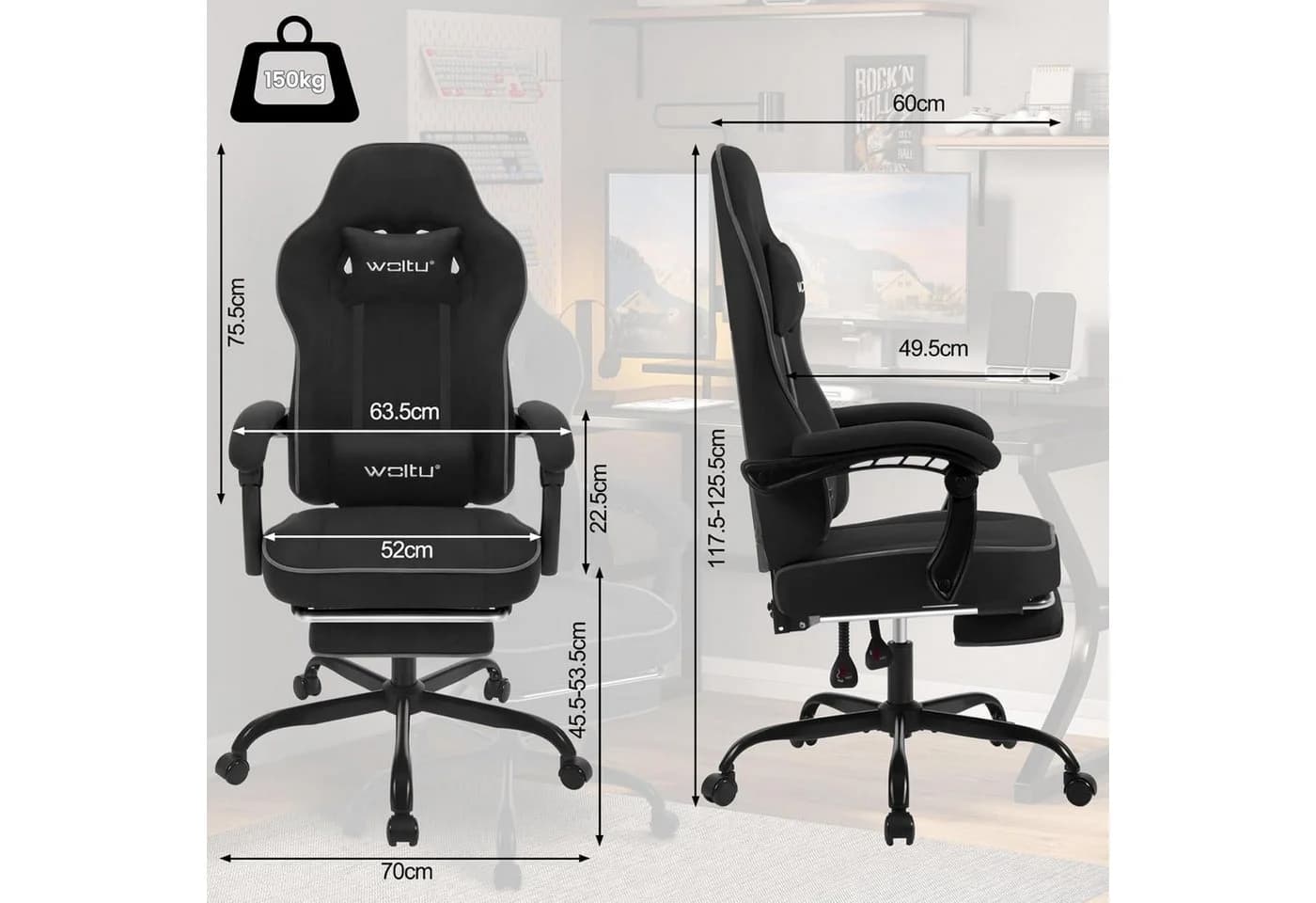Woltu Gaming-Stuhl Schwarz Grau Ergonomisch mit Fußstütze - Bild 3