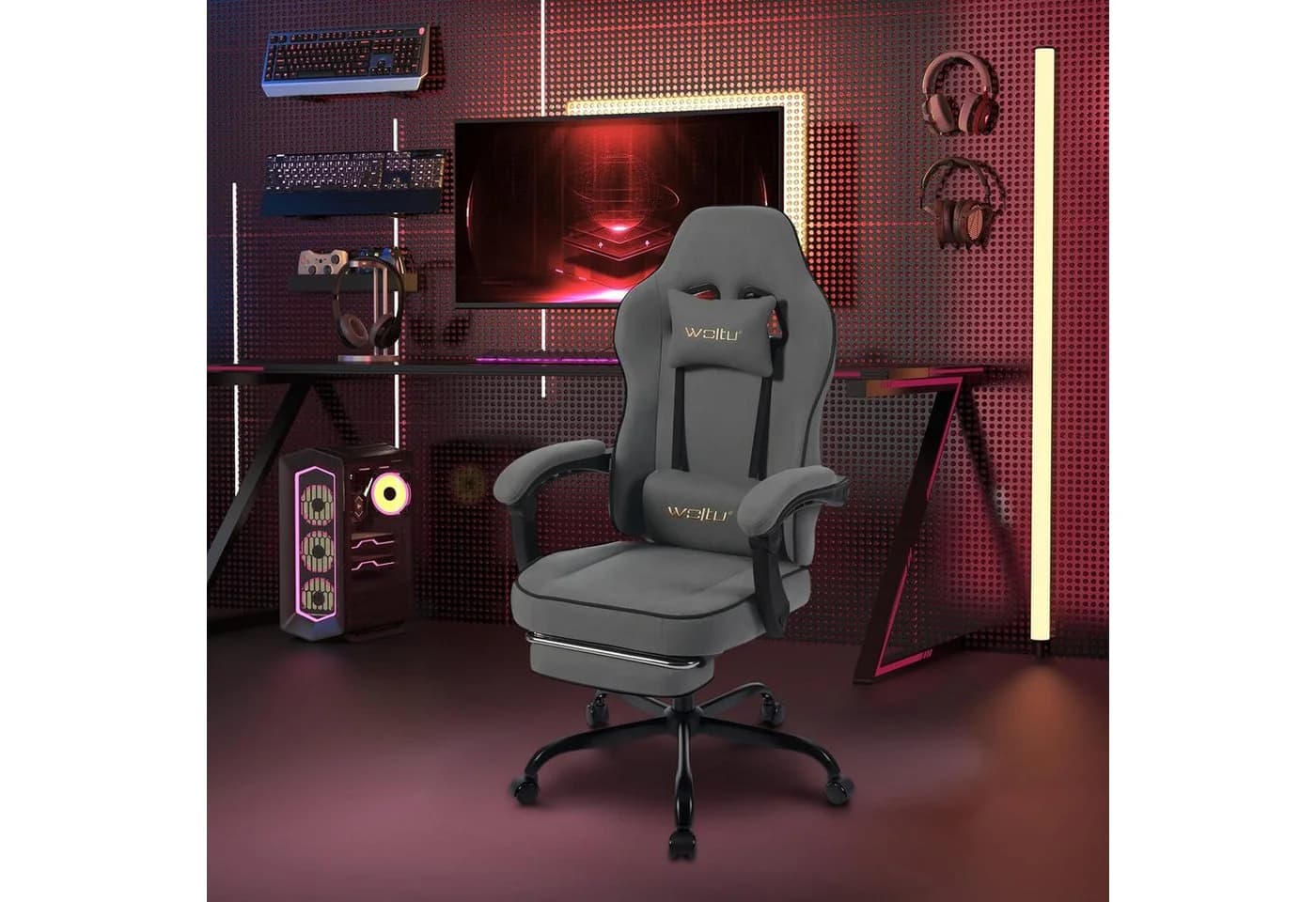 Woltu Gaming-Stuhl Grau/Schwarz Ergonomisch mit Fußstütze