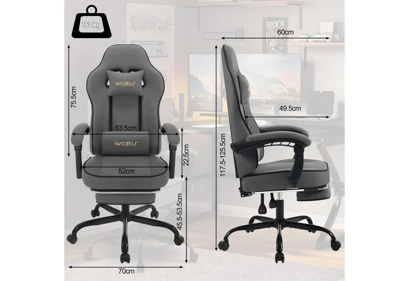 Woltu Gaming-Stuhl Grau/Schwarz Ergonomisch mit Fußstütze - Bild 3