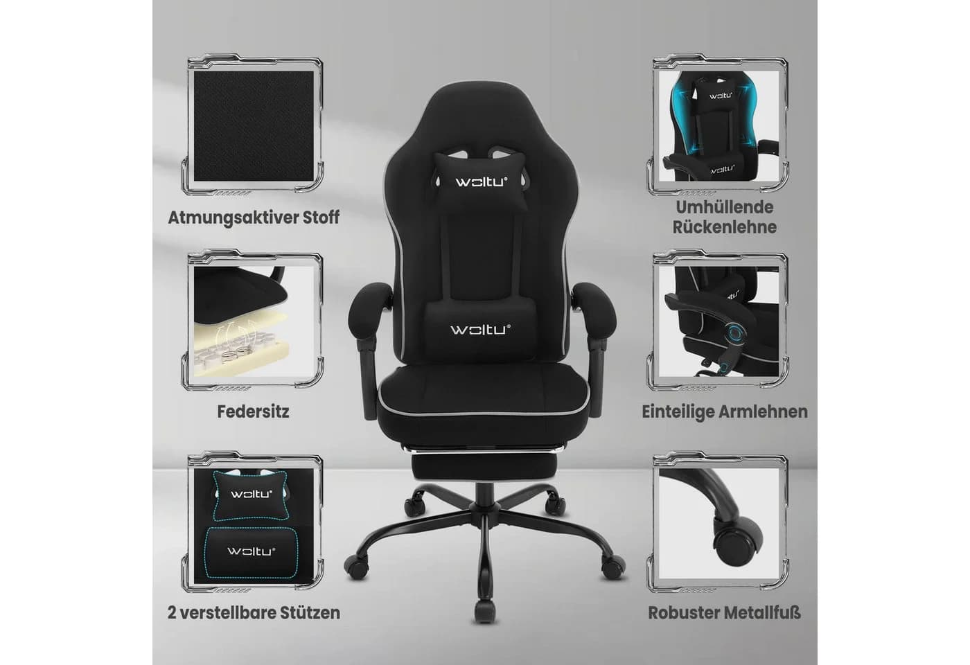 Woltu Gaming-Stuhl Schwarz Grau Ergonomisch Netzstoff - Bild 4