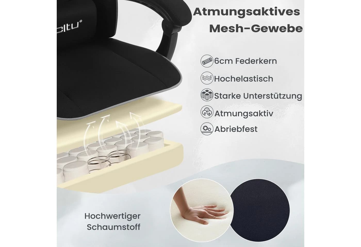 Woltu Gaming-Stuhl Schwarz Grau Ergonomisch Netzstoff - Bild 5