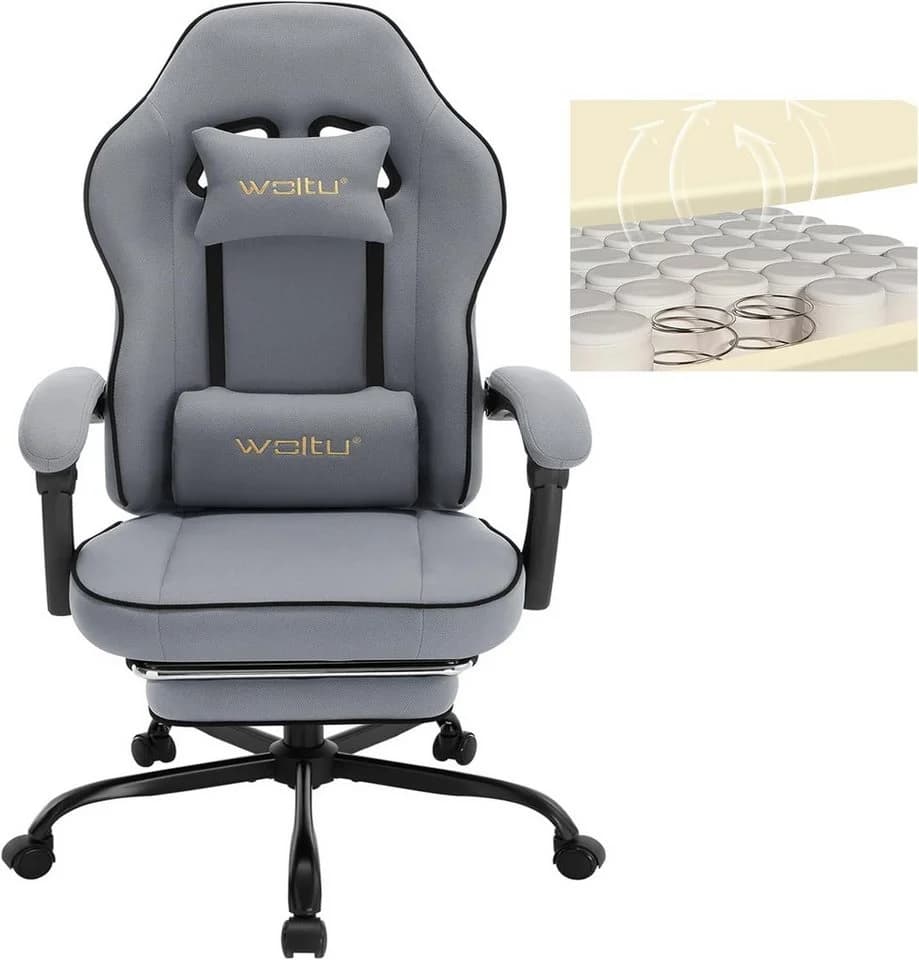 Woltu Gaming-Stuhl mit Kopfkissen, Lendenkissen und Fußstütze, ergonomisch, Netzstoff - Bild 2