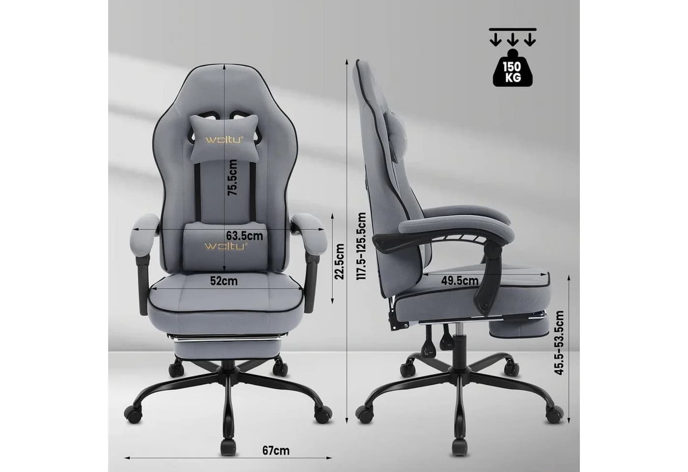 Woltu Gaming-Stuhl mit Kopfkissen, Lendenkissen und Fußstütze, ergonomisch, Netzstoff - Bild 3