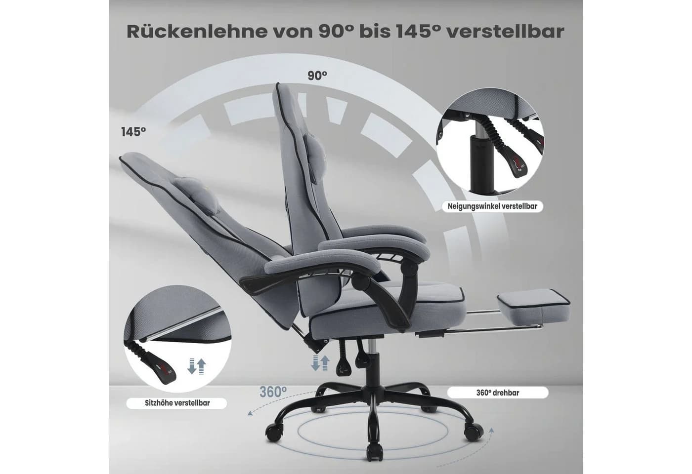 Woltu Gaming-Stuhl mit Kopfkissen, Lendenkissen und Fußstütze, ergonomisch, Netzstoff - Bild 4