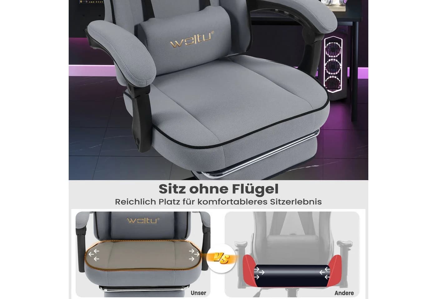Woltu Gaming-Stuhl mit Kopfkissen, Lendenkissen und Fußstütze, ergonomisch, Netzstoff - Bild 5