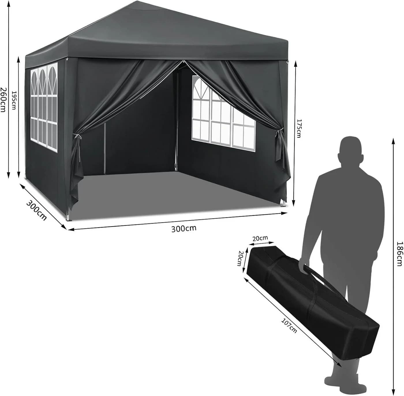 Woltu Faltpavillon 3x3m mit Seitenteilen & Sandsäcken Anthrazit - Bild 3