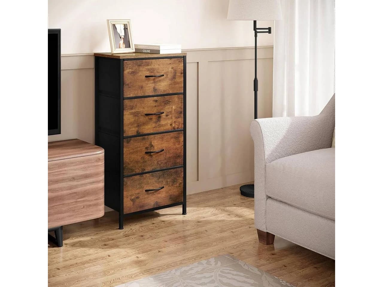 Woltu Kommode 4 Schubladen Vintagebraun Schwarz Stoff Sideboard