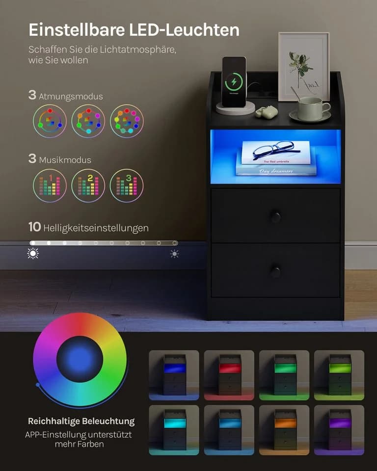 WOLTU Nachttisch 2-St LED-Licht Ladefunktion Schwarz - Bild 4