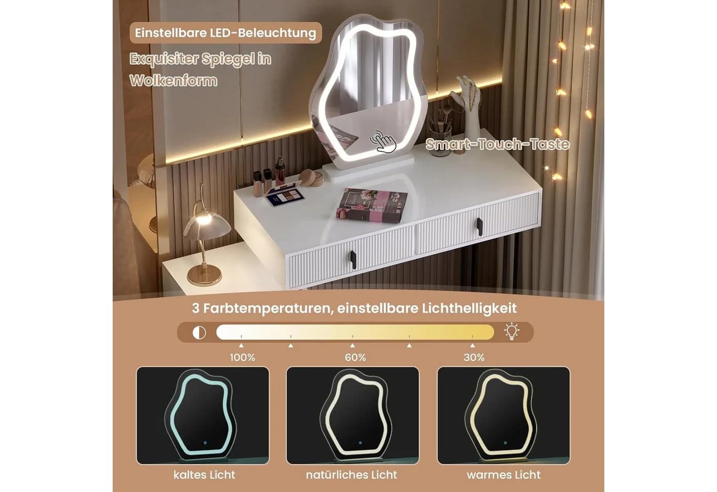 Woltu Schminktisch mit LED-Spiegel und 5 Massivholz-Schubladen - Bild 3