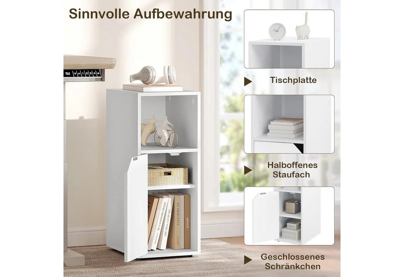 Woltu Nachttisch mit Tür und offener Ablage Weiß/Schwarz - Bild 5