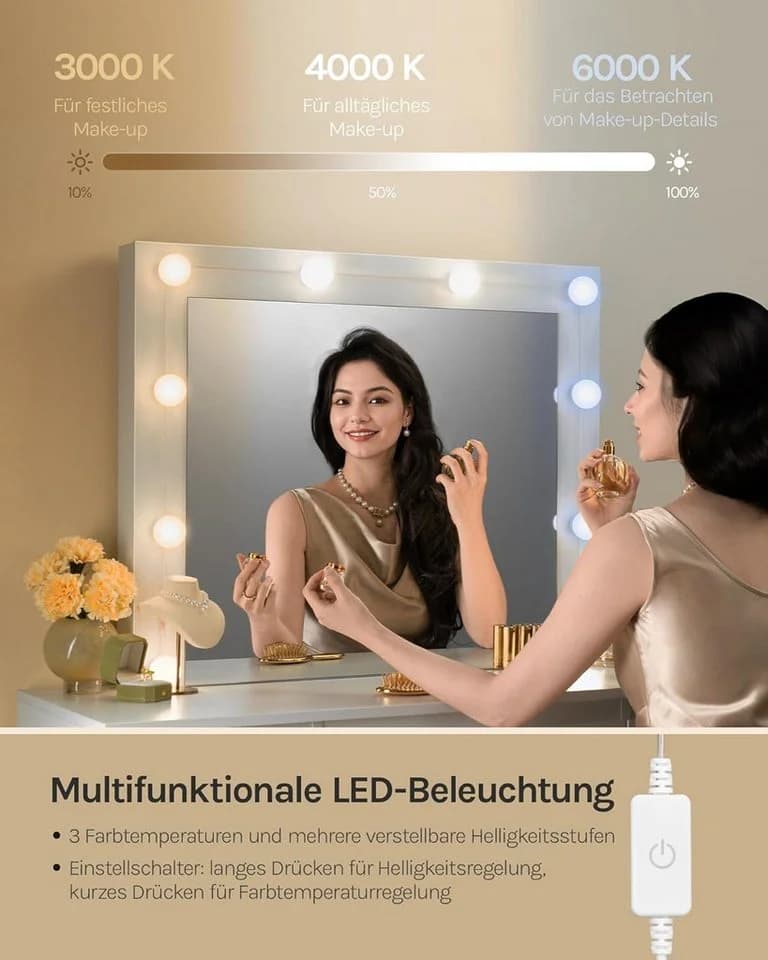 Woltu Schminktisch Weiß mit LED, Spiegel, 7 Schubladen & Hocker - Bild 5