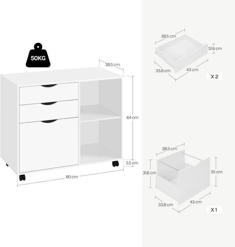 Woltu Rollcontainer Weiß mit 5 Rollen und Hängeregistratur - Bild 3