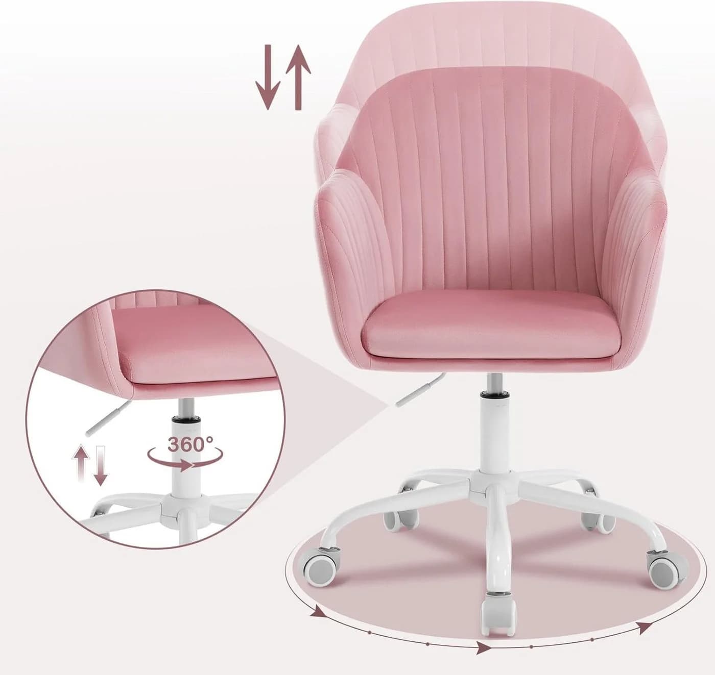 Woltu Schreibtischstuhl Rosa Samt Höhenverstellbar mit Rollen - Bild 5