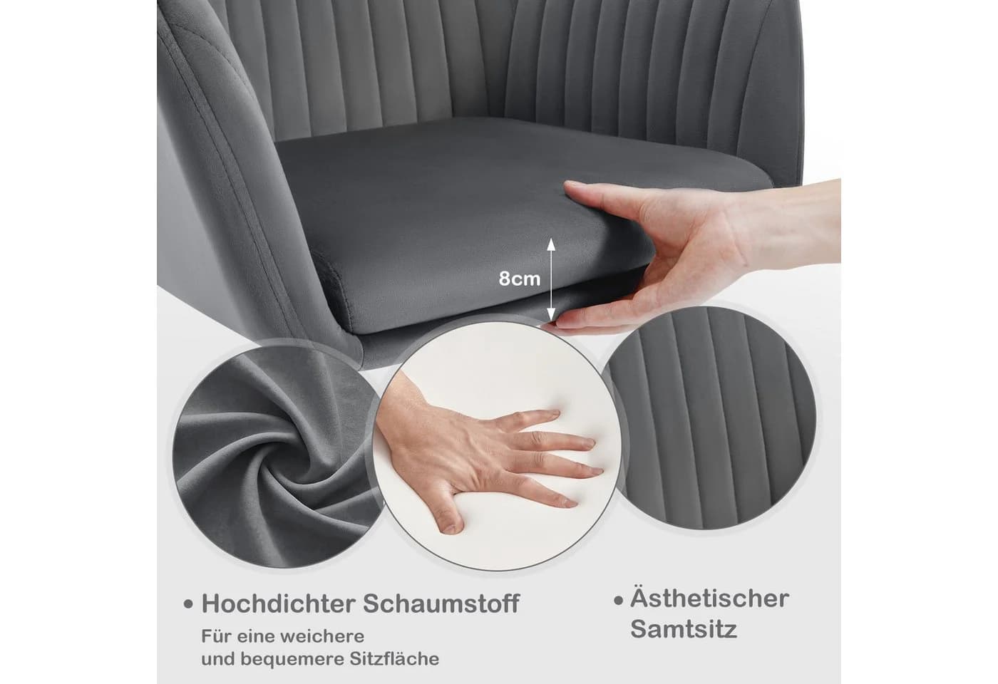 Woltu Schreibtischstuhl Grau Samt höhenverstellbar mit Rollen - Bild 5