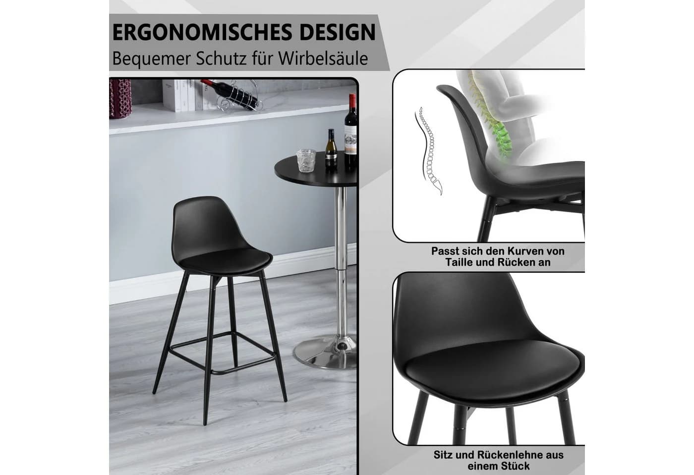 Klihome Barhocker Schwarz PP gepolstert mit Metallbeinen - Bild 4