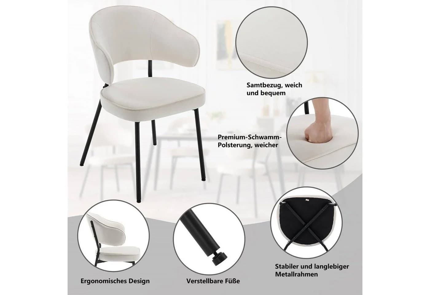 Woltu 4-Fußstuhl Set 6 St. Samt Metall Schwarz Grau Creme - Bild 5