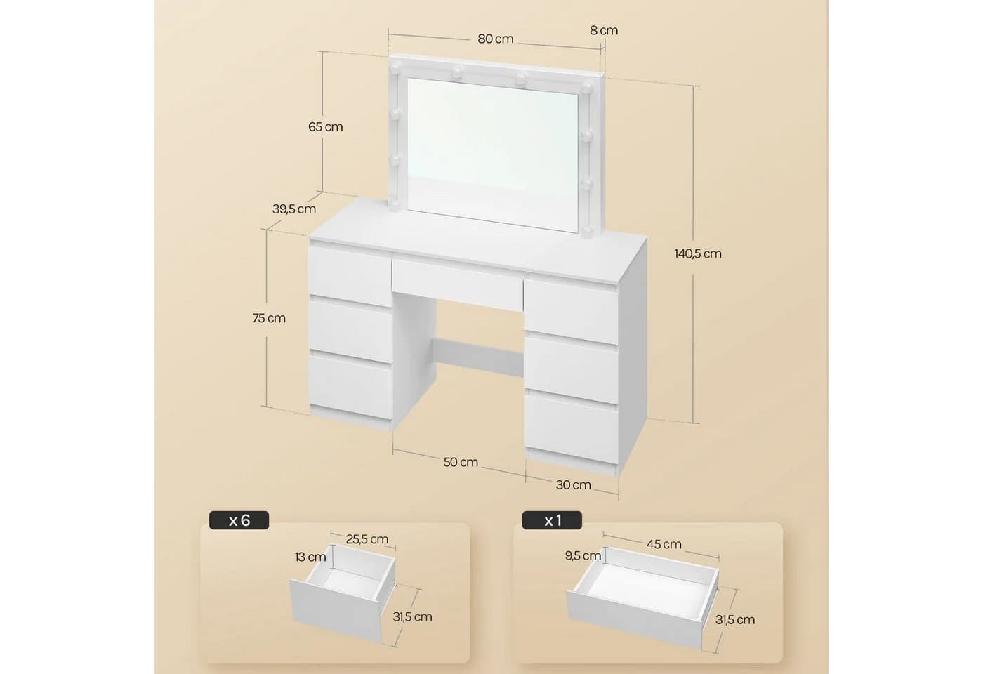 Woltu Schminktisch Weiß mit Spiegel und LED-Beleuchtung 7 Schubladen - Bild 3