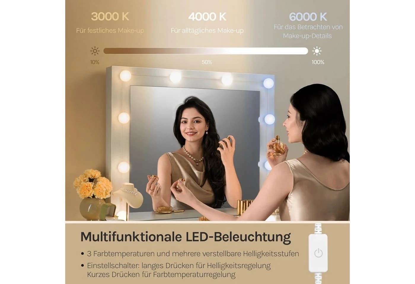 Woltu Schminktisch Weiß mit Spiegel und LED-Beleuchtung 7 Schubladen - Bild 5