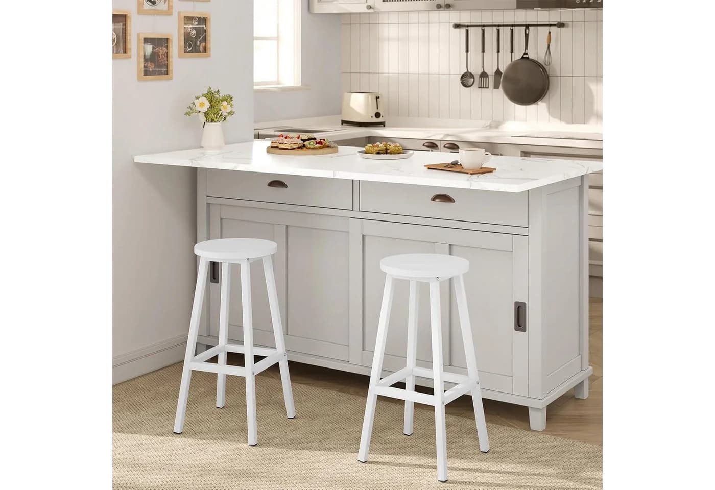 Klihome Barhocker 2er Set Weiß Schwarz Braun mit Fußstütze