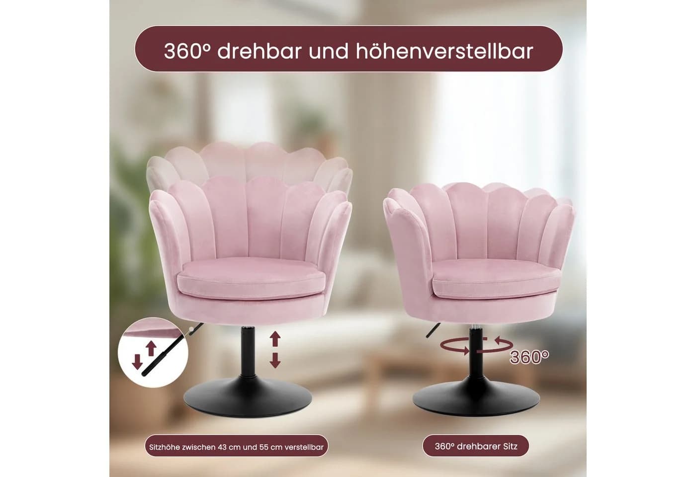 Woltu Polsterstuhl Rosa Blumenform 360° drehbar höhenverstellbar - Bild 5