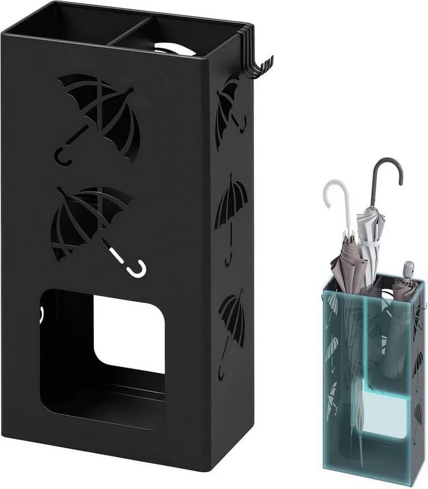 Woltu Schirmständer Schwarz mit 2 Slots und 4 Haken Metall - Bild 2