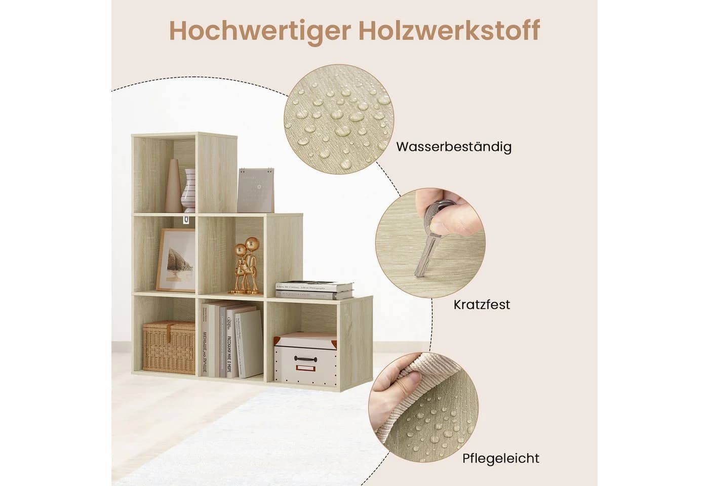 Woltu Bücherregal 6 Fächer Weiß/Helle Eiche Skandinavisch - Bild 5