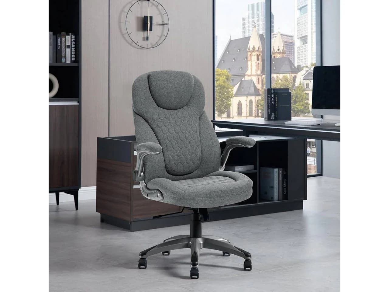 Woltu Bürostuhl Grau Ergonomisch mit Kopfstütze und klappbaren Armlehnen