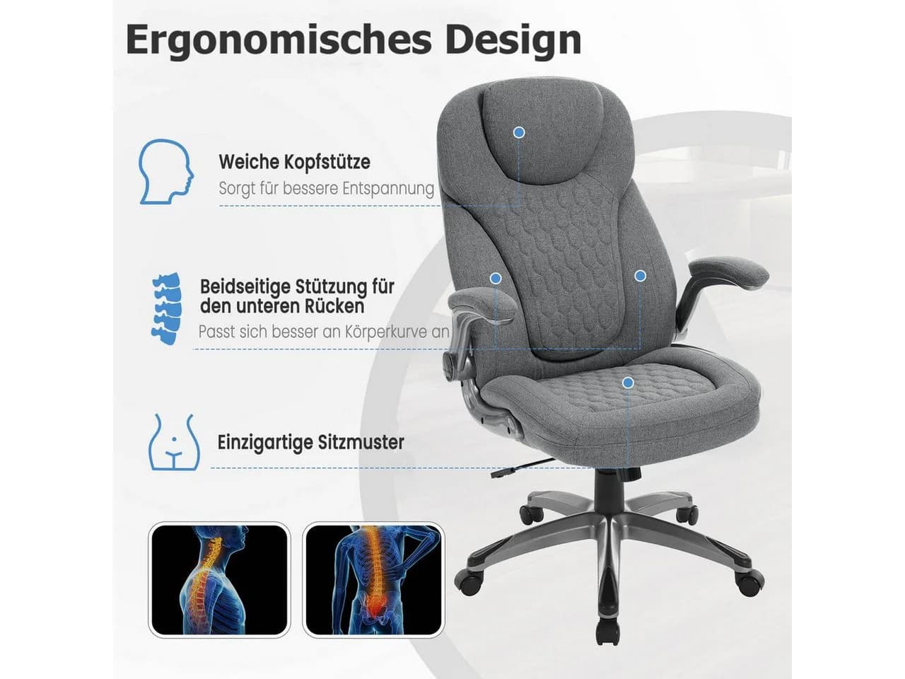 Woltu Bürostuhl Grau Ergonomisch mit Kopfstütze und klappbaren Armlehnen - Bild 5