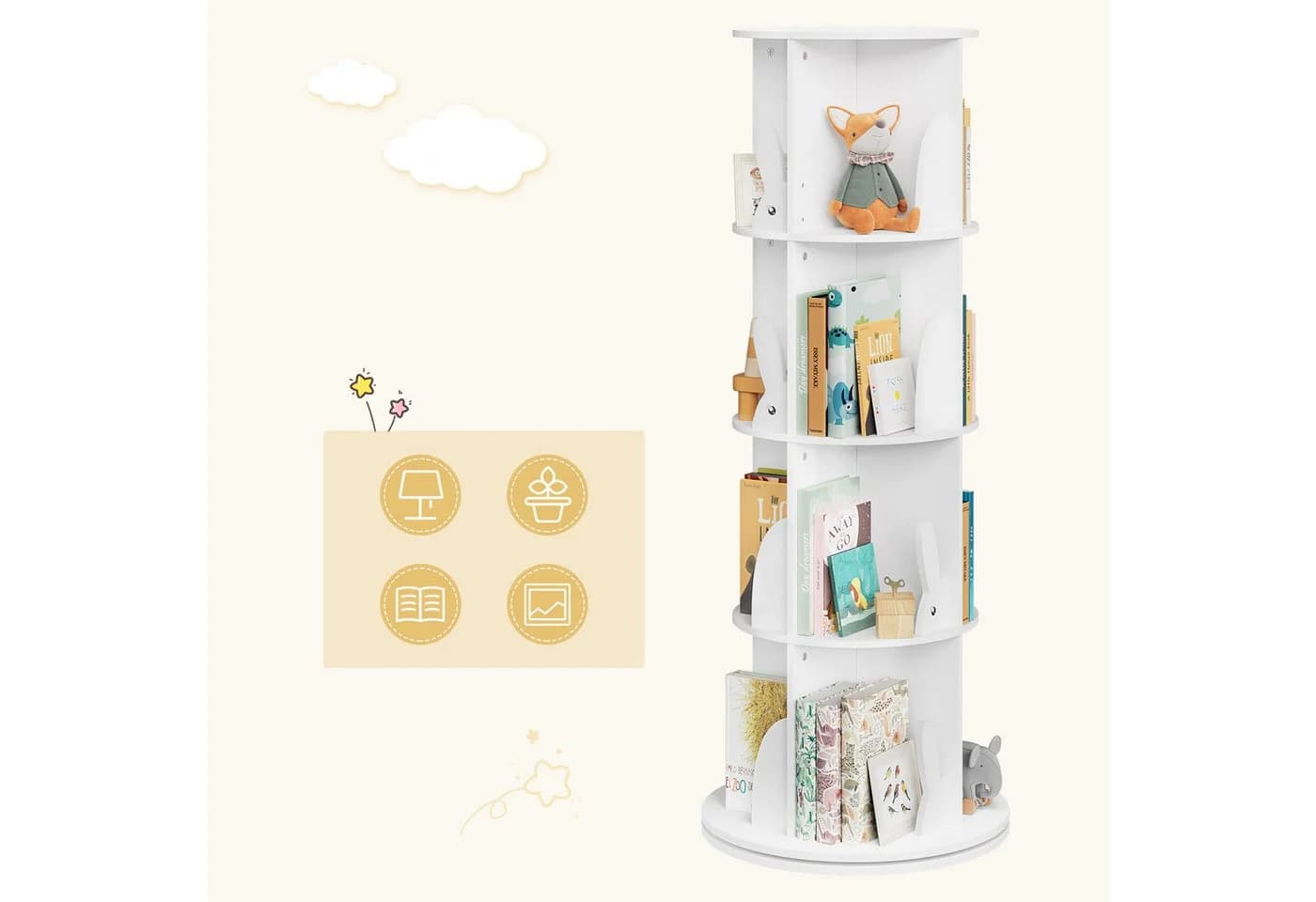 Woltu Kinderregal Weiß 360° drehbar mit Hasenohren-Design - Bild 4