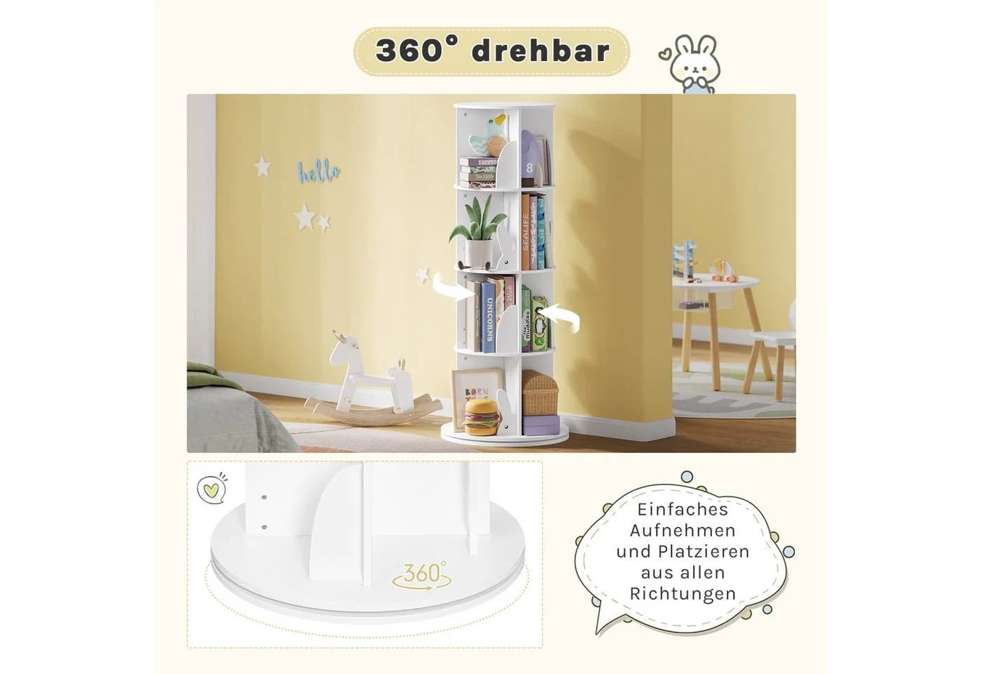 Woltu Kinderregal Weiß 360° drehbar mit Hasenohren-Design - Bild 5