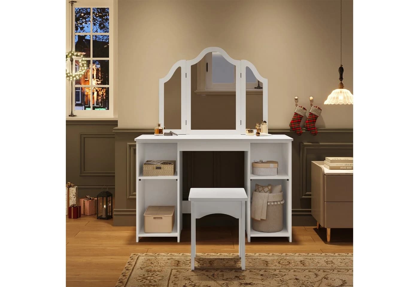 Woltu Schminktisch mit Hocker und Spiegel, weiß, MDF