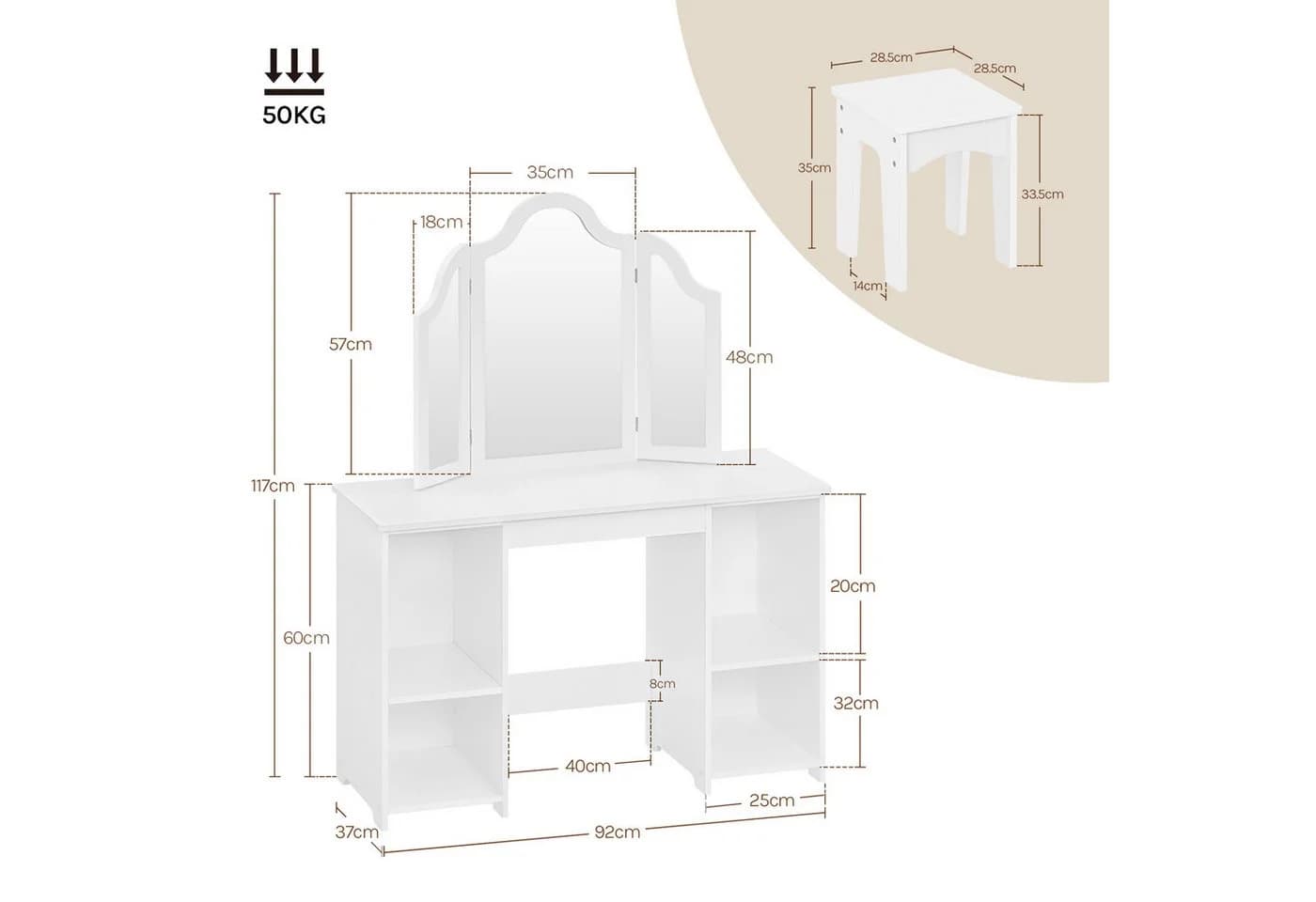 Woltu Schminktisch mit Hocker und Spiegel, weiß, MDF - Bild 3