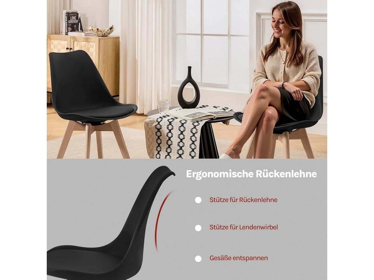 Woltu Esszimmerstuhl 4 St. Drehstuhl Polsterstuhl Massivholz Kunstleder Schwarz - Bild 5