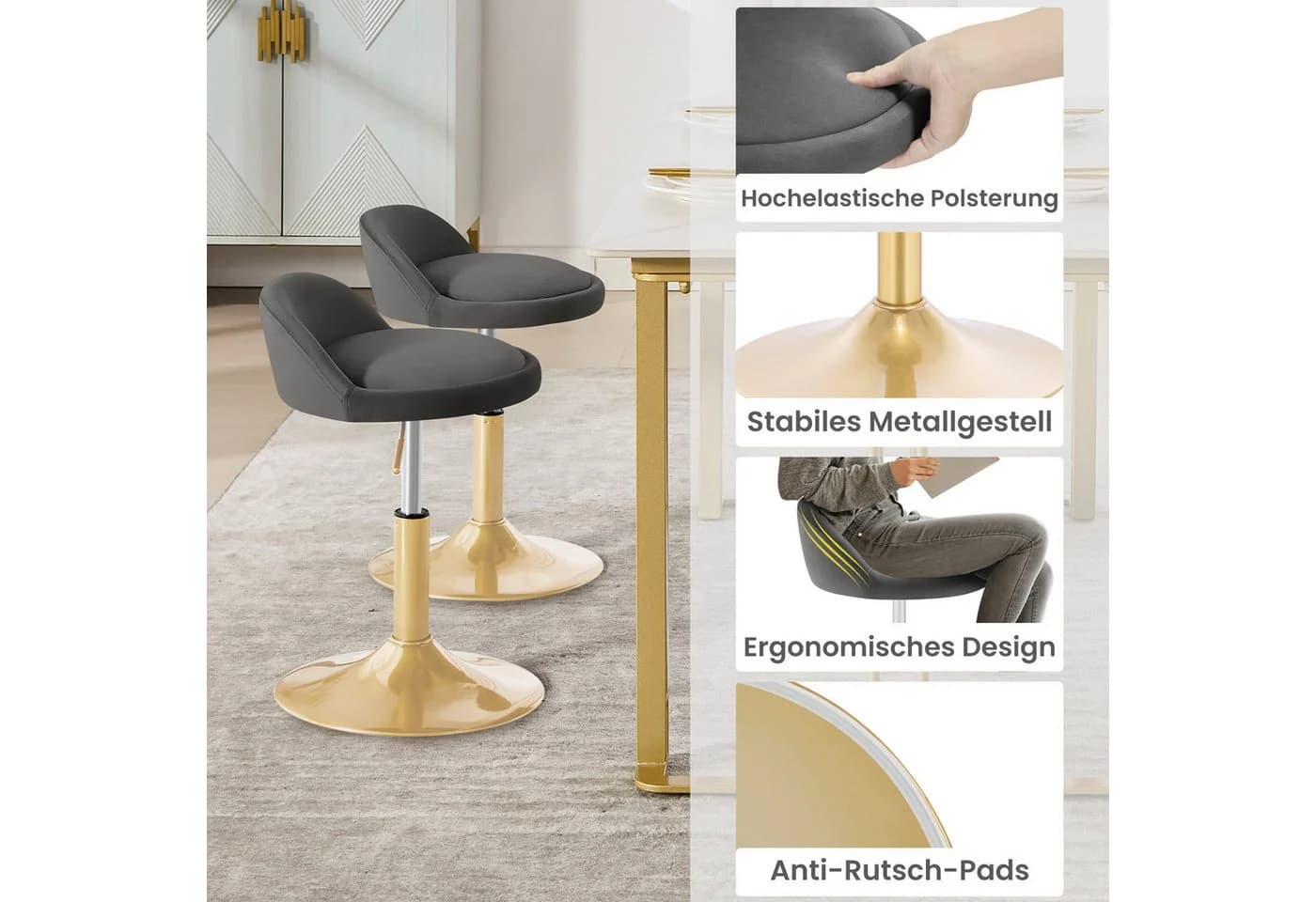 Woltu Barhocker Samt höhenverstellbar drehbar Grau/Gold - Bild 5