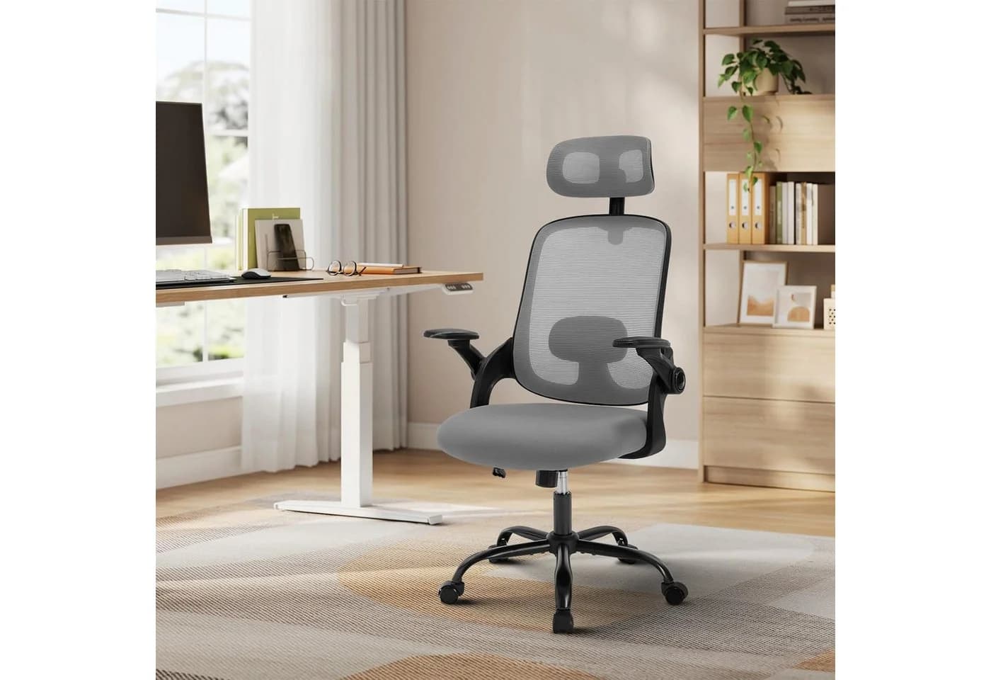 Woltu Bürostuhl mit Wippfunktion, verstellbarer Kopfstütze und Armlehnen Grau - Bild 4
