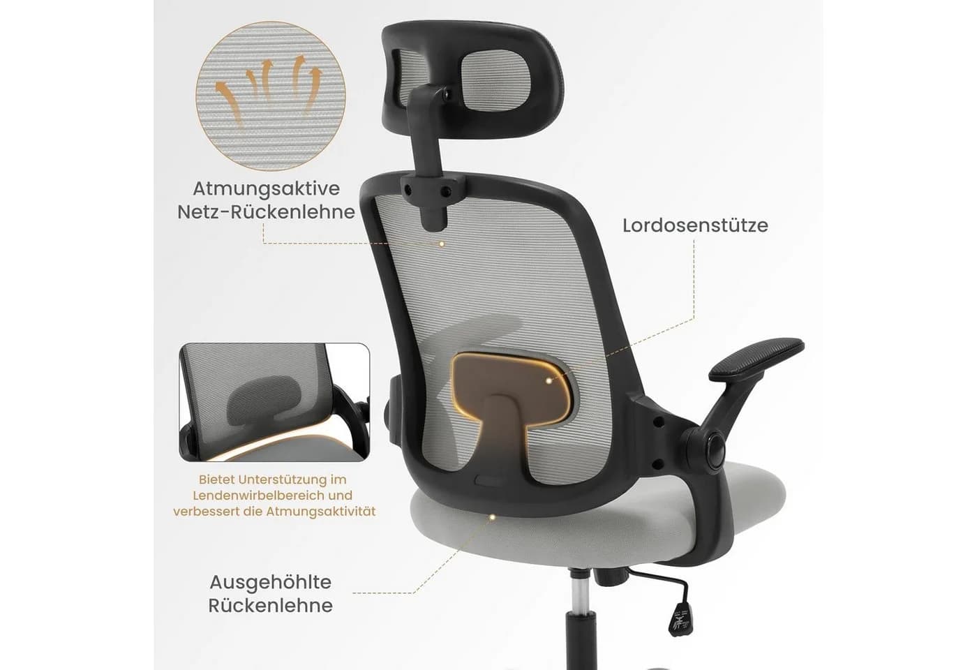 Woltu Bürostuhl mit Wippfunktion, verstellbarer Kopfstütze und Armlehnen Grau - Bild 5