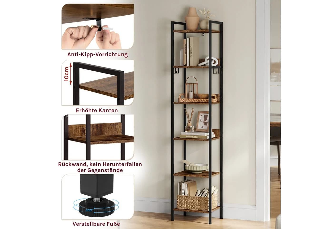 Woltu Standregal 6 Ebenen Industriestil Schwarz Holzoptik - Bild 5