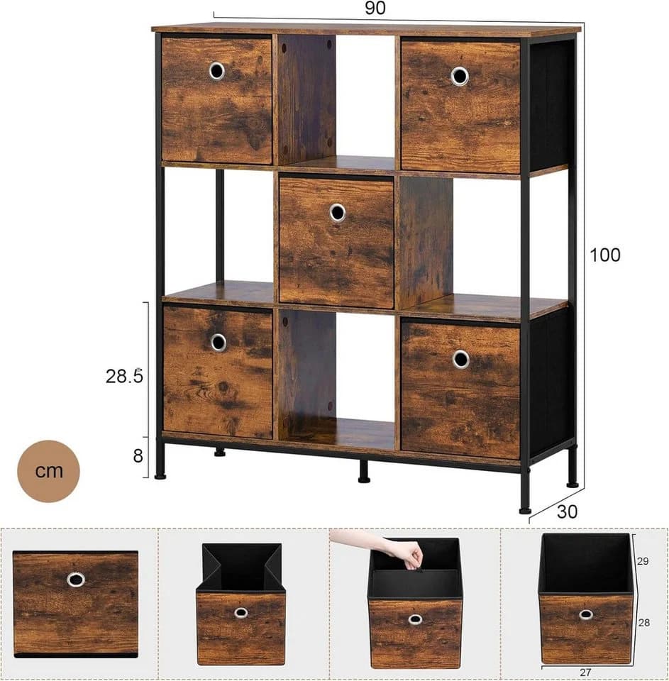 Woltu Bücherregal mit 4 offenen Fächern und 5 Vliesstoff-Schubladen - Bild 3