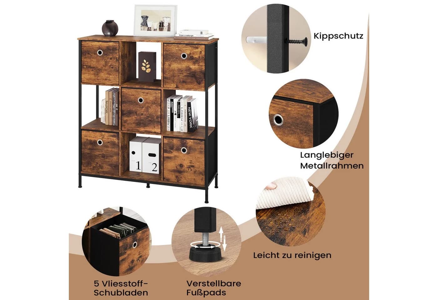 Woltu Bücherregal mit 4 offenen Fächern und 5 Vliesstoff-Schubladen - Bild 5